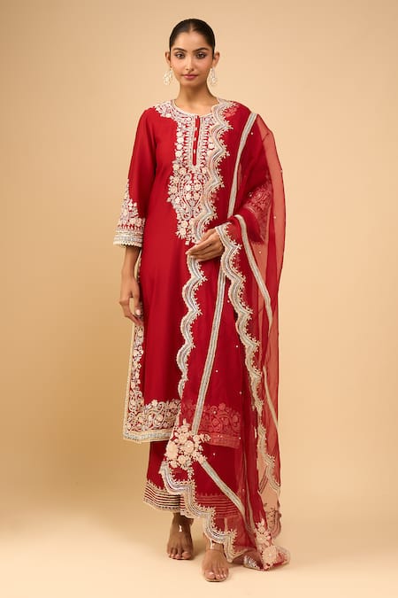Buy_Sheetal Batra_Red Embroidery Round Neck Choga With Salwar 