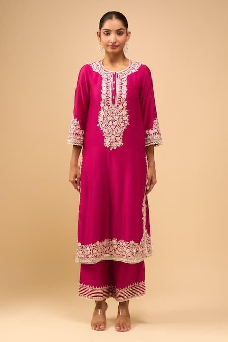 Sheetal Batra_Pink Embroidery Round Neck Hot Choga With Salwar _at_Aza_Fashions