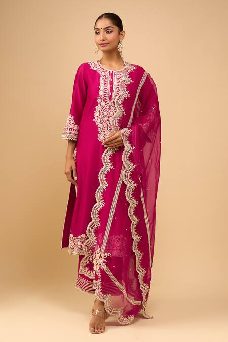 Buy_Sheetal Batra_Pink Embroidery Round Neck Hot Choga With Salwar 
