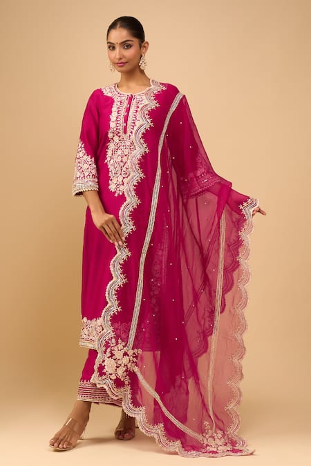 Shop_Sheetal Batra_Pink Embroidery Round Neck Hot Choga With Salwar 