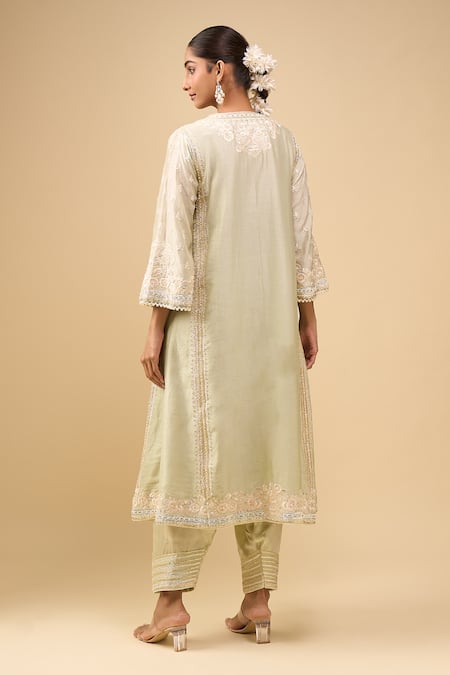 Shop Sheetal Batra Green Embroidery Round Neck Mint Choga With Salwar at Aza Fashions Shop_Sheetal Batra_Green Embroidery Round Neck Mint Choga With Salwar _at_Aza_Fashions