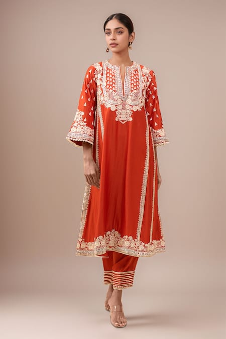 Sheetal Batra Orange Embroidery Round Neck Burnt Choga With Salwar 