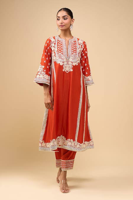 Shop_Sheetal Batra_Orange Embroidery Round Neck Burnt Choga With Salwar _Online_at_Aza_Fashions