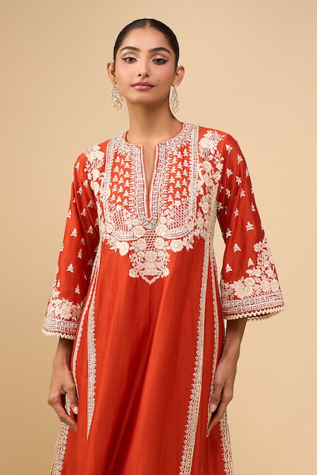 Sheetal Batra_Orange Embroidery Round Neck Burnt Choga With Salwar _at_Aza_Fashions