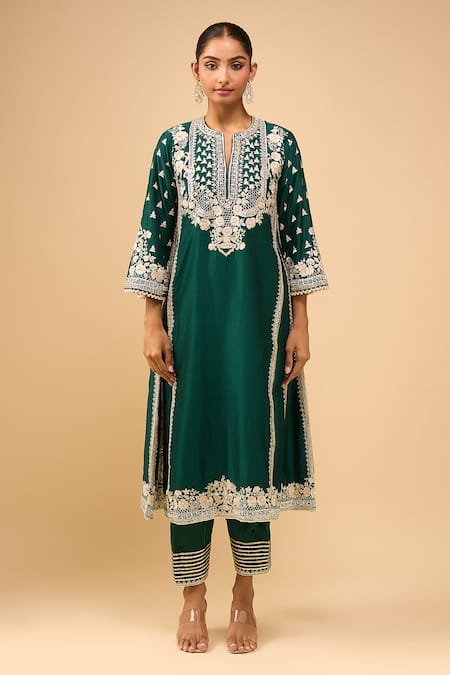 Buy_Sheetal Batra_Emerald Green Embroidery Round Neck Choga With Salwar 