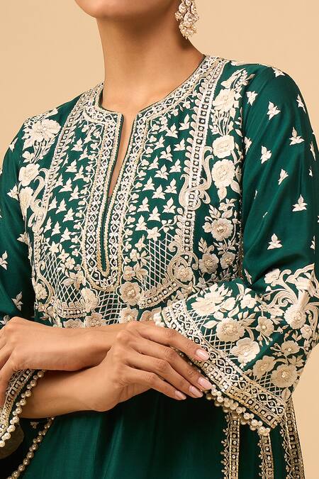 Shop_Sheetal Batra_Emerald Green Embroidery Round Neck Choga With Salwar 
