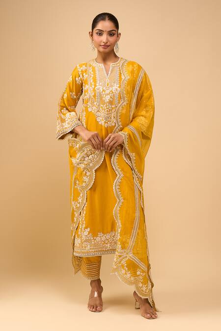 Buy_Sheetal Batra_Yellow Embroidery Round Neck Mustard Choga With Salwar Set _Online_at_Aza_Fashions