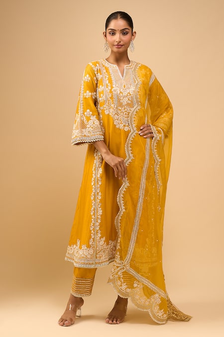 Sheetal Batra_Yellow Embroidery Round Neck Mustard Choga With Salwar Set _at_Aza_Fashions