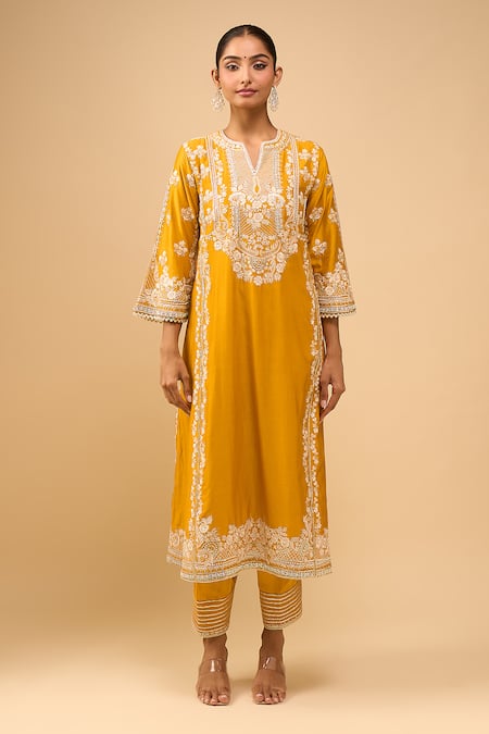 Shop_Sheetal Batra_Yellow Embroidery Round Neck Mustard Choga With Salwar Set 
