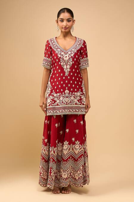 Sheetal Batra_Red Embroidery V-neck Kurta With Sharara Set _Online_at_Aza_Fashions