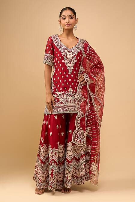 Buy_Sheetal Batra_Red Embroidery V-neck Kurta With Sharara Set _Online_at_Aza_Fashions