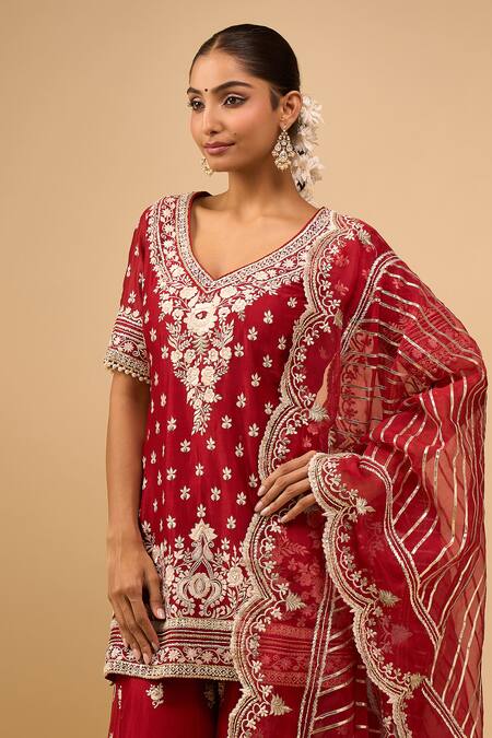 Shop_Sheetal Batra_Red Embroidery V-neck Kurta With Sharara Set _Online_at_Aza_Fashions
