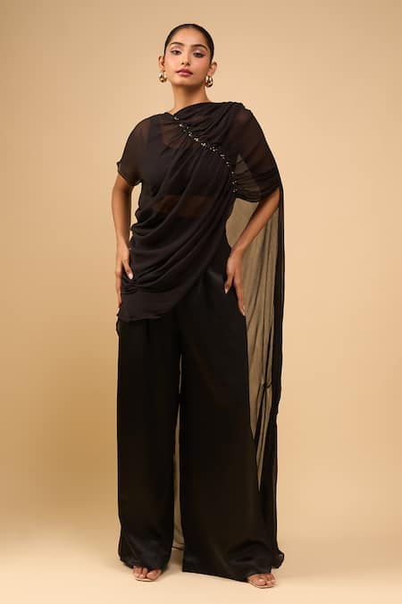AK-OK Black Asymmetric, Round Neck Drape Top With Trouser Online at Aza Fashions AK-OK_Black Asymmetric, Round Neck Drape Top With Trouser _Online_at_Aza_Fashions