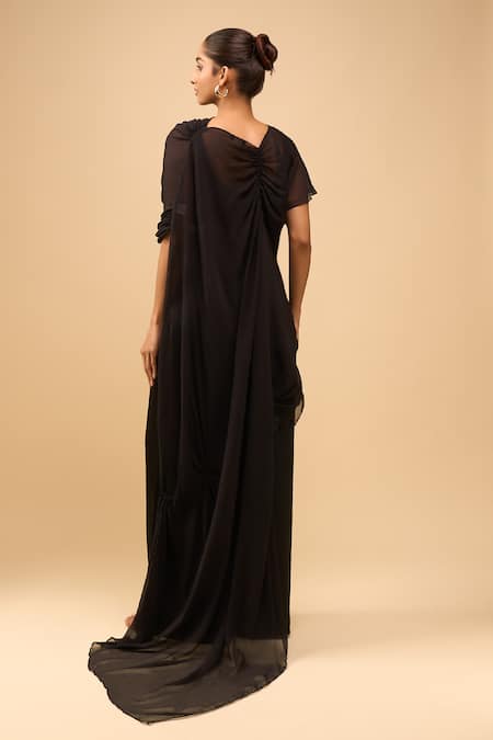 Shop AK-OK Black Asymmetric, Round Neck Drape Top With Trouser at Aza Fashions Shop_AK-OK_Black Asymmetric, Round Neck Drape Top With Trouser _at_Aza_Fashions