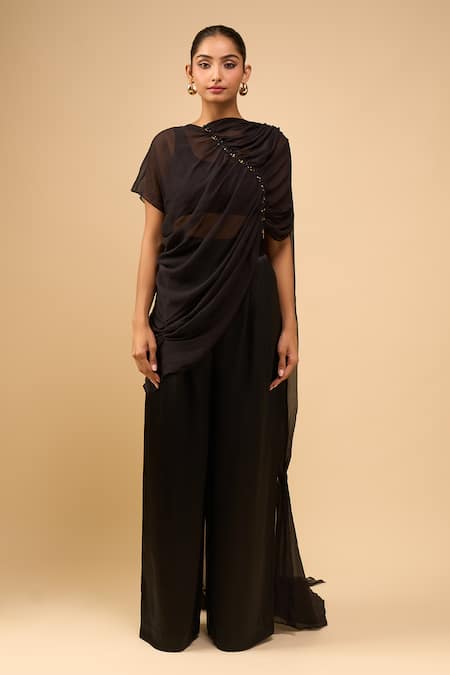 AK-OK Black Asymmetric, Round Neck Drape Top With Trouser at Aza Fashions AK-OK_Black Asymmetric, Round Neck Drape Top With Trouser _at_Aza_Fashions