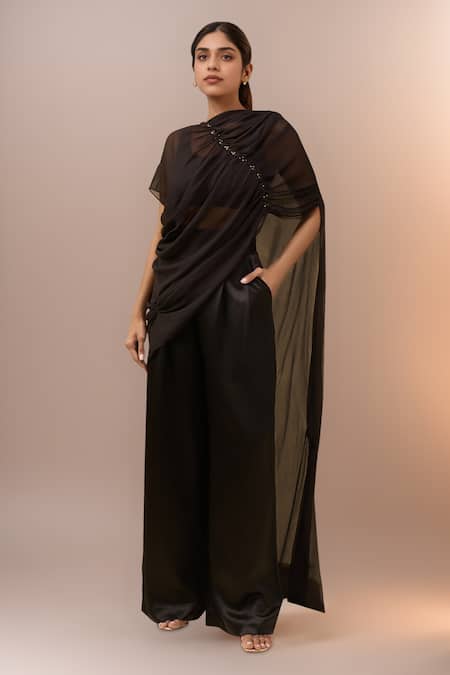 AK-OK Black Asymmetric, Round Neck Drape Top With Trouser 