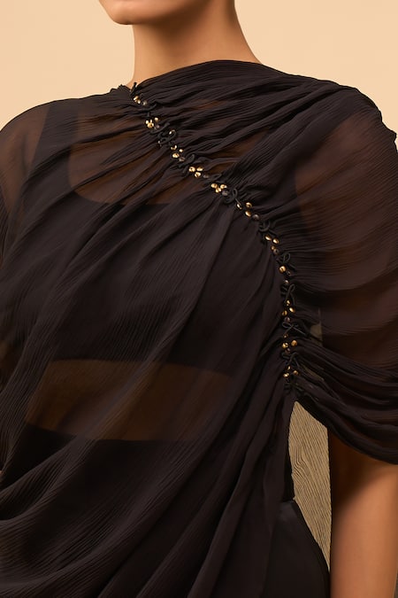 Buy AK-OK Black Asymmetric, Round Neck Drape Top With Trouser Buy_AK-OK_Black Asymmetric, Round Neck Drape Top With Trouser