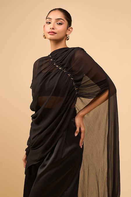 Shop AK-OK Black Asymmetric, Round Neck Drape Top With Trouser Shop_AK-OK_Black Asymmetric, Round Neck Drape Top With Trouser