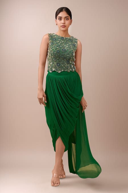 Anamika Khanna Emerald Green Beads, Sequins Round Neck Embroidered Skirt Set 