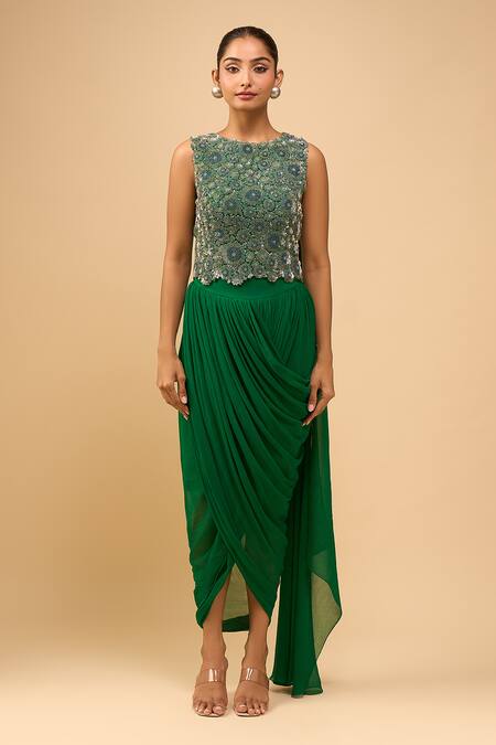 Anamika Khanna Emerald Green Beads, Sequins Round Neck Embroidered Skirt Set at Aza Fashions Anamika Khanna_Emerald Green Beads, Sequins Round Neck Embroidered Skirt Set _at_Aza_Fashions
