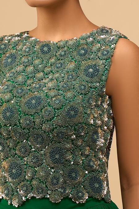 Buy Anamika Khanna Emerald Green Beads, Sequins Round Neck Embroidered Skirt Set Buy_Anamika Khanna_Emerald Green Beads, Sequins Round Neck Embroidered Skirt Set