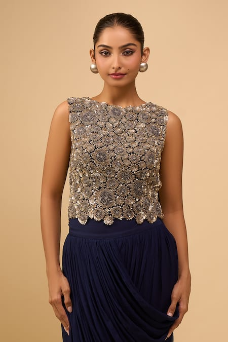 Anamika Khanna_Blue Sequins, Beads Round Neck Indigo Embroidered Skirt Set _Online_at_Aza_Fashions