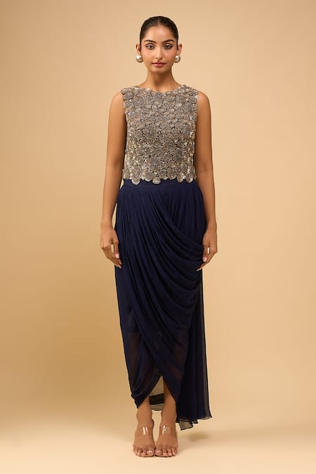 Buy_Anamika Khanna_Blue Sequins, Beads Round Neck Indigo Embroidered Skirt Set _Online_at_Aza_Fashions