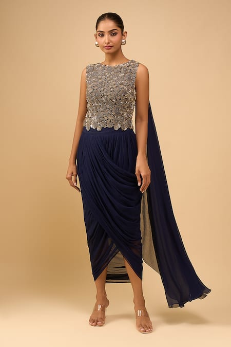 Anamika Khanna_Blue Sequins, Beads Round Neck Indigo Embroidered Skirt Set _at_Aza_Fashions