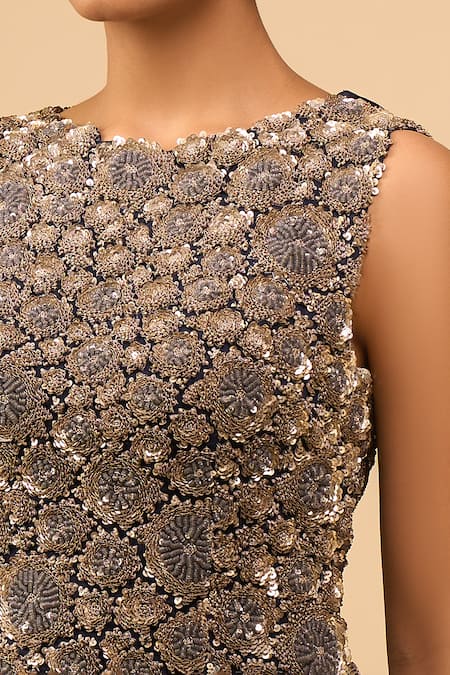 Buy_Anamika Khanna_Blue Sequins, Beads Round Neck Indigo Embroidered Skirt Set 