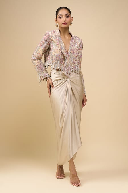 Anamika Khanna_Ivory Beads V-neck Embroidered Jacket Set_Online_at_Aza_Fashions