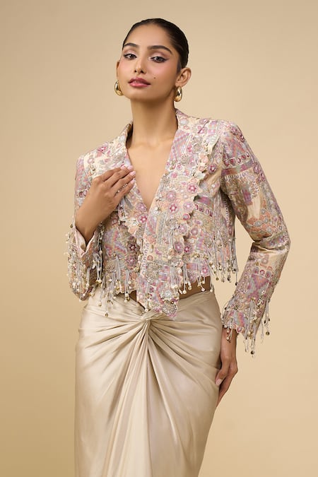 Shop_Anamika Khanna_Ivory Beads V-neck Embroidered Jacket Set_Online_at_Aza_Fashions
