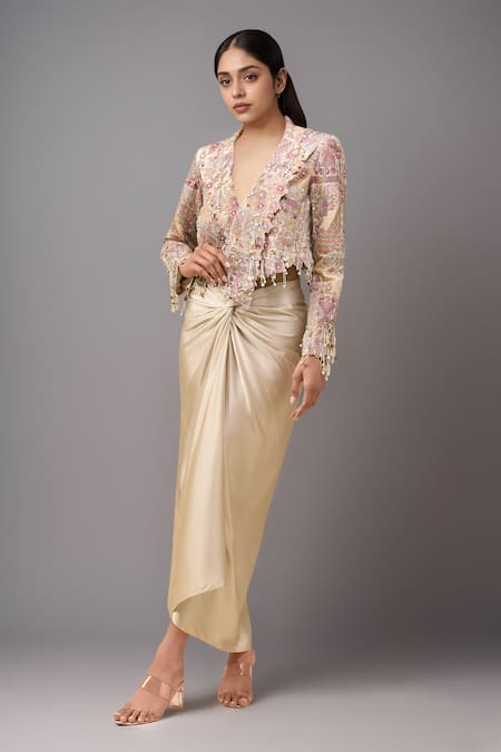 Anamika Khanna Ivory Beads V-neck Embroidered Jacket Set 