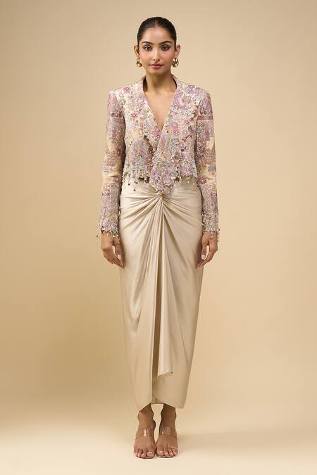 Buy_Anamika Khanna_Ivory Beads V-neck Embroidered Jacket Set