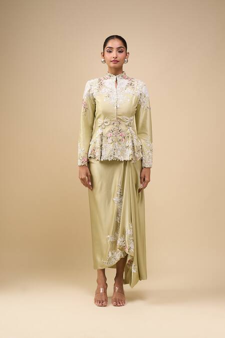 Anamika Khanna_Green Silk Embroidery Mandarin Collar Lime Peplum Top Set _Online_at_Aza_Fashions