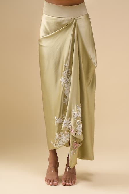 Shop_Anamika Khanna_Green Silk Embroidery Mandarin Collar Lime Peplum Top Set _Online_at_Aza_Fashions