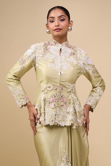 Anamika Khanna_Green Silk Embroidery Mandarin Collar Lime Peplum Top Set _at_Aza_Fashions