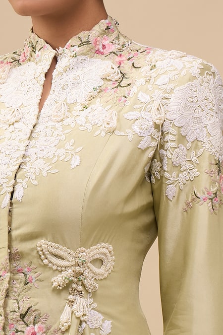 Buy_Anamika Khanna_Green Silk Embroidery Mandarin Collar Lime Peplum Top Set 