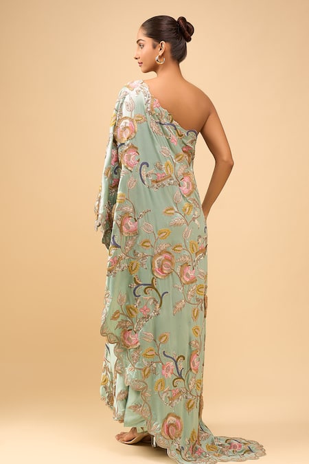 Shop Anamika Khanna Blue Embroidery, Sequins Asymmetric Draped Skirt Set at Aza Fashions Shop_Anamika Khanna_Blue Embroidery, Sequins Asymmetric Draped Skirt Set _at_Aza_Fashions