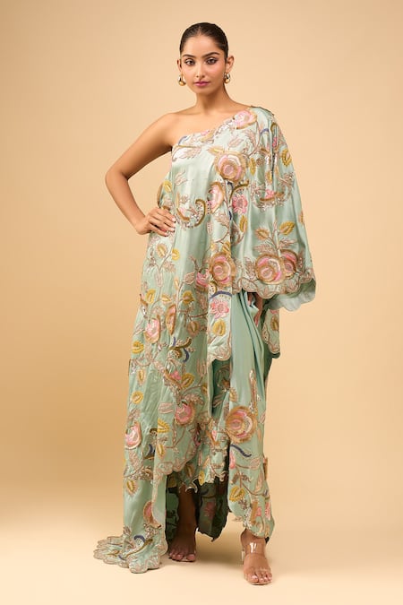 Buy Anamika Khanna Blue Embroidery, Sequins Asymmetric Draped Skirt Set Online at Aza Fashions Buy_Anamika Khanna_Blue Embroidery, Sequins Asymmetric Draped Skirt Set _Online_at_Aza_Fashions