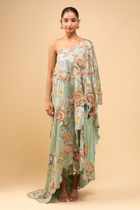 Shop Anamika Khanna Blue Embroidery, Sequins Asymmetric Draped Skirt Set Online at Aza Fashions Shop_Anamika Khanna_Blue Embroidery, Sequins Asymmetric Draped Skirt Set _Online_at_Aza_Fashions