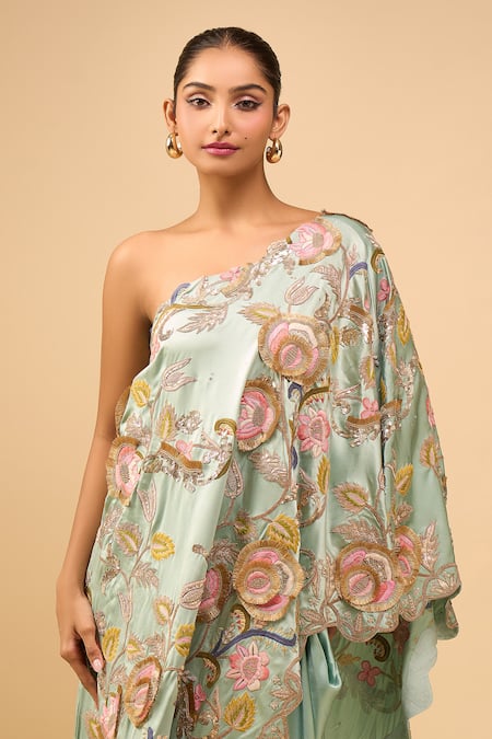 Buy Anamika Khanna Blue Embroidery, Sequins Asymmetric Draped Skirt Set Buy_Anamika Khanna_Blue Embroidery, Sequins Asymmetric Draped Skirt Set