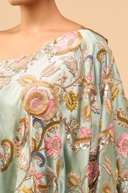 Shop Anamika Khanna Blue Embroidery, Sequins Asymmetric Draped Skirt Set Shop_Anamika Khanna_Blue Embroidery, Sequins Asymmetric Draped Skirt Set