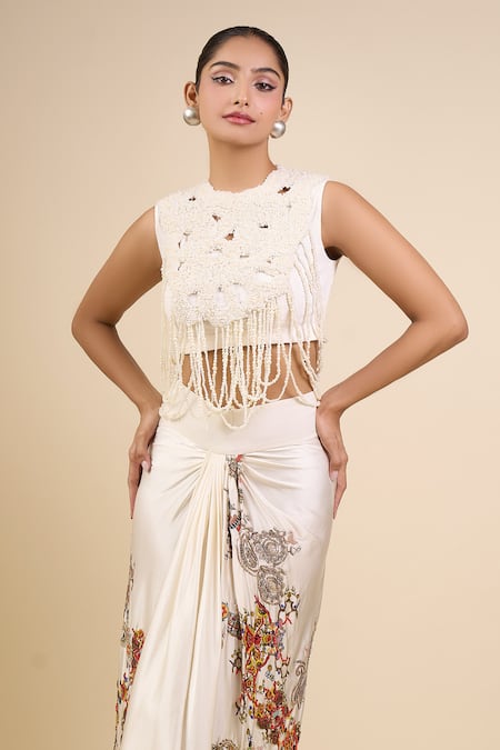 Buy_Anamika Khanna_Ivory Beads, Embroidery Round Neck Skirt Set_Online_at_Aza_Fashions