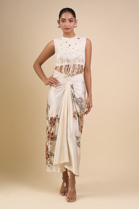 Shop_Anamika Khanna_Ivory Beads, Embroidery Round Neck Skirt Set_Online_at_Aza_Fashions