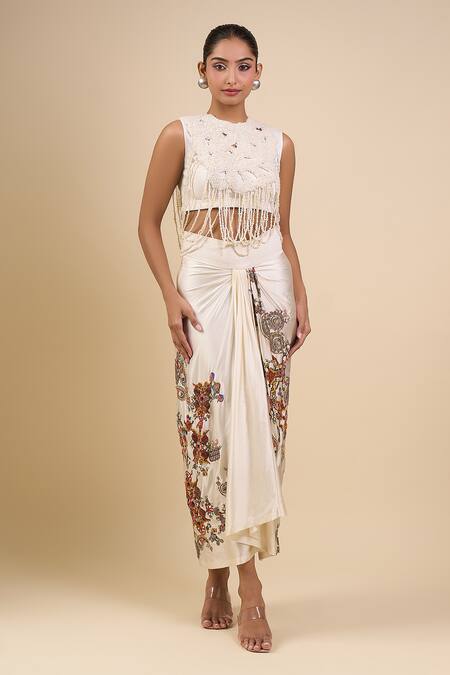 Anamika Khanna_Ivory Beads, Embroidery Round Neck Skirt Set_at_Aza_Fashions