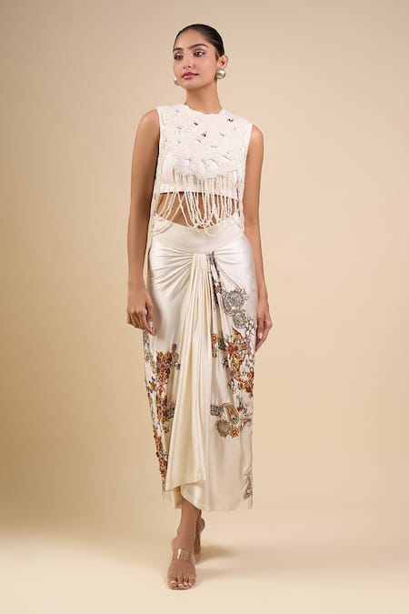 Buy_Anamika Khanna_Ivory Beads, Embroidery Round Neck Skirt Set