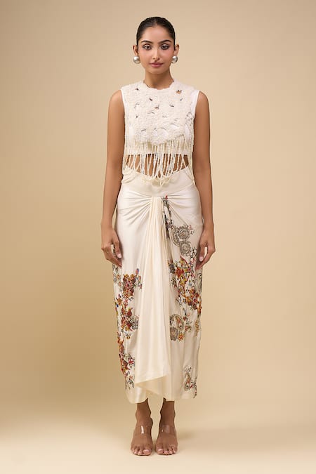 Shop_Anamika Khanna_Ivory Beads, Embroidery Round Neck Skirt Set
