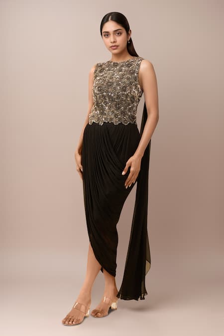 Anamika Khanna Black Beads, Sequins Round Neck Draped Skirt Set 