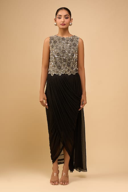 Anamika Khanna_Black Beads, Sequins Round Neck Draped Skirt Set _Online_at_Aza_Fashions