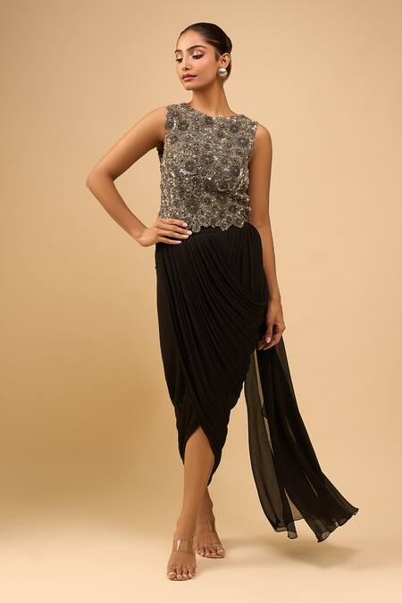 Buy_Anamika Khanna_Black Beads, Sequins Round Neck Draped Skirt Set _Online_at_Aza_Fashions